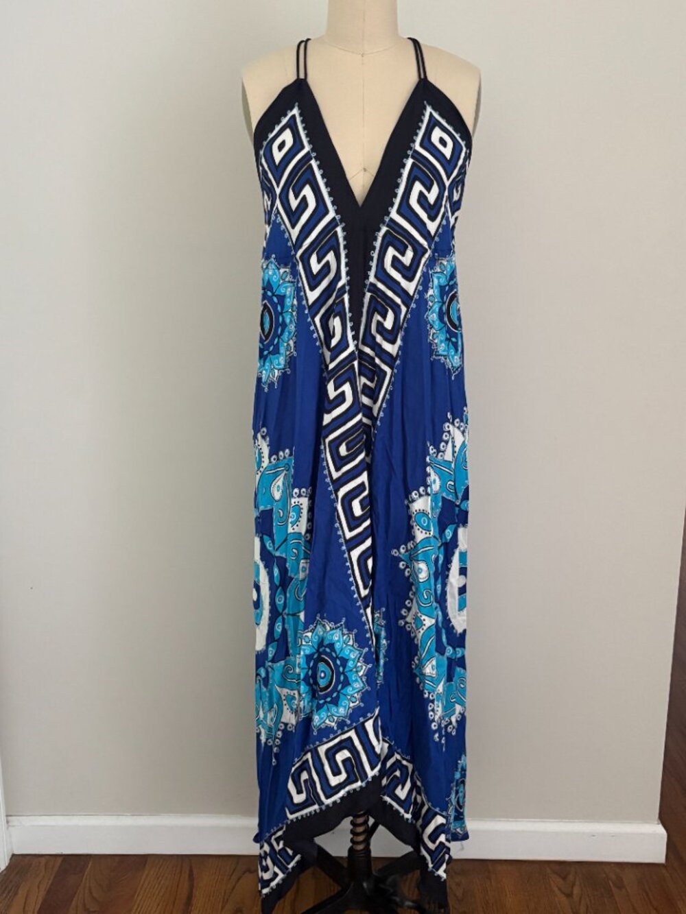 Advance Apparels Greek Key Halter Scarf Dress Blue White Boho Resortwear Chic OS